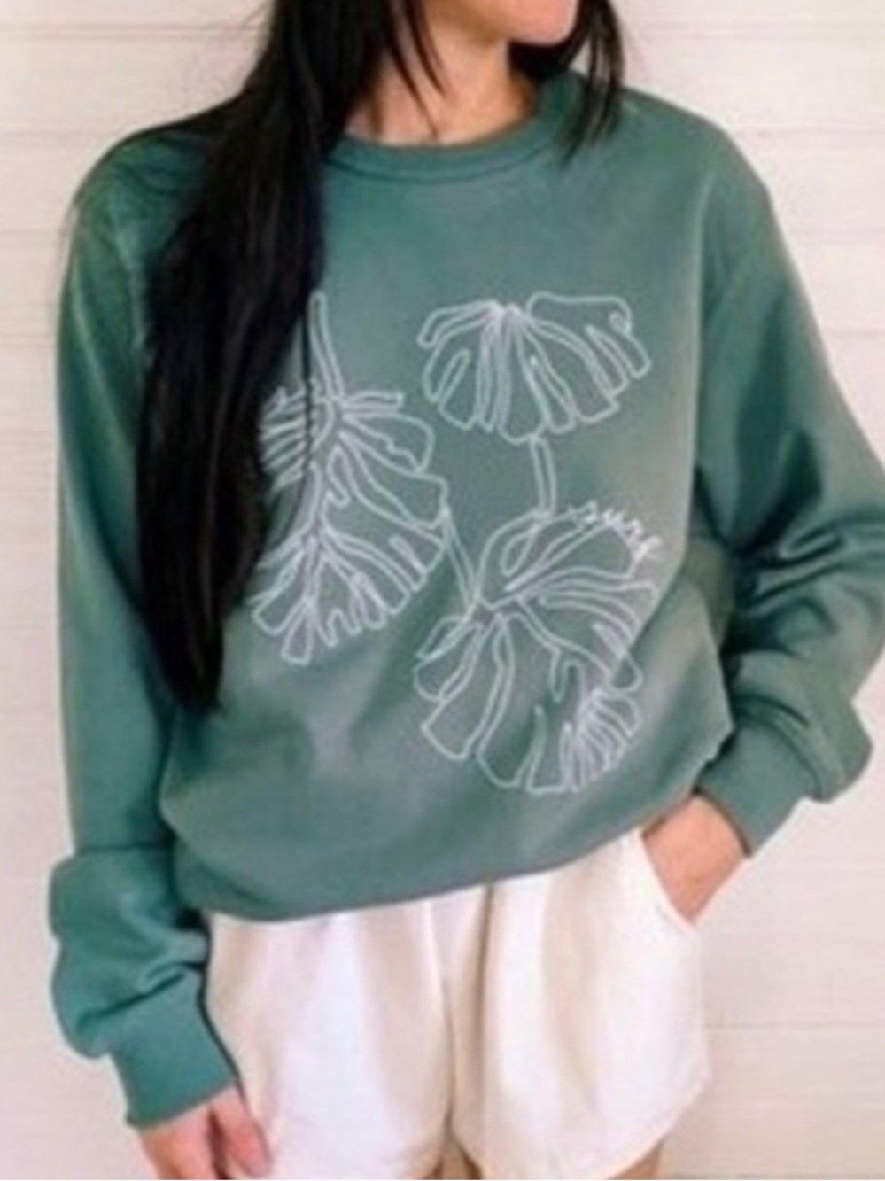 Post Surf Oversized Monstera Sweatshirt L w MEASUREMENTS Sage Green